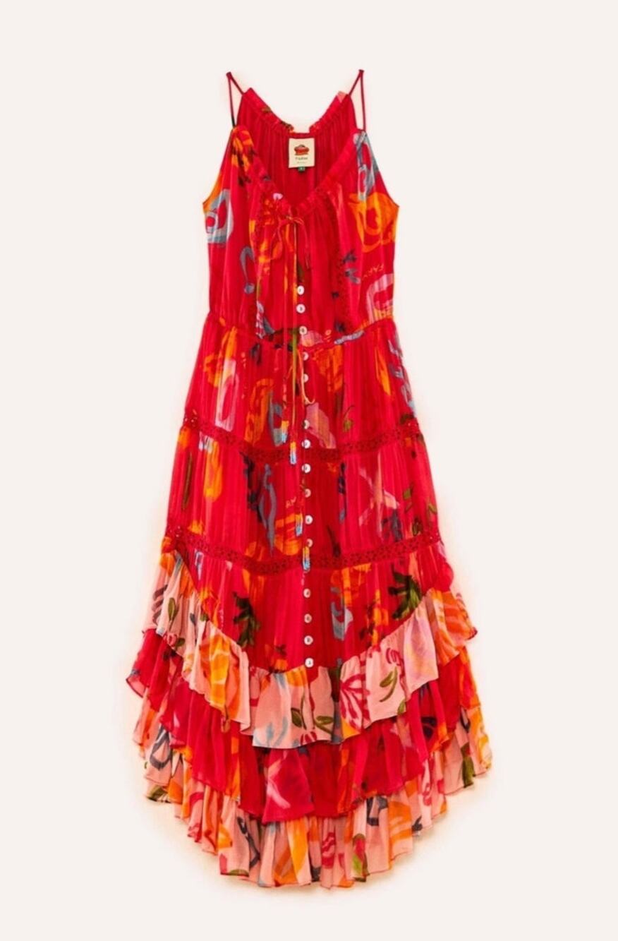 Farm Rio Mixed Fruits Ocean Maxi Dress Tiered Beaded Tassel Tropical Resort XL - Picture 1 of 16